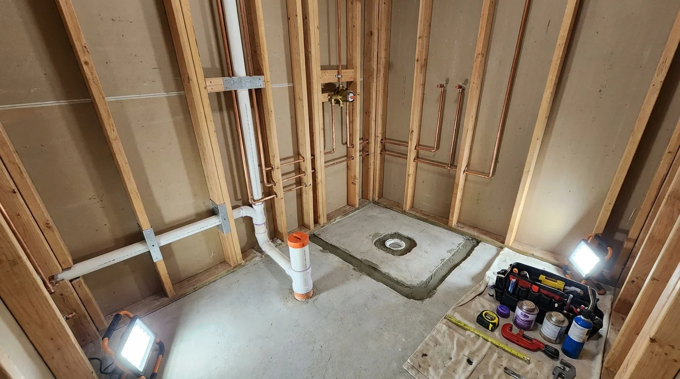 Bathroom rough-in plumbing during remodel by Johns Plumbing LLC in Morgan City