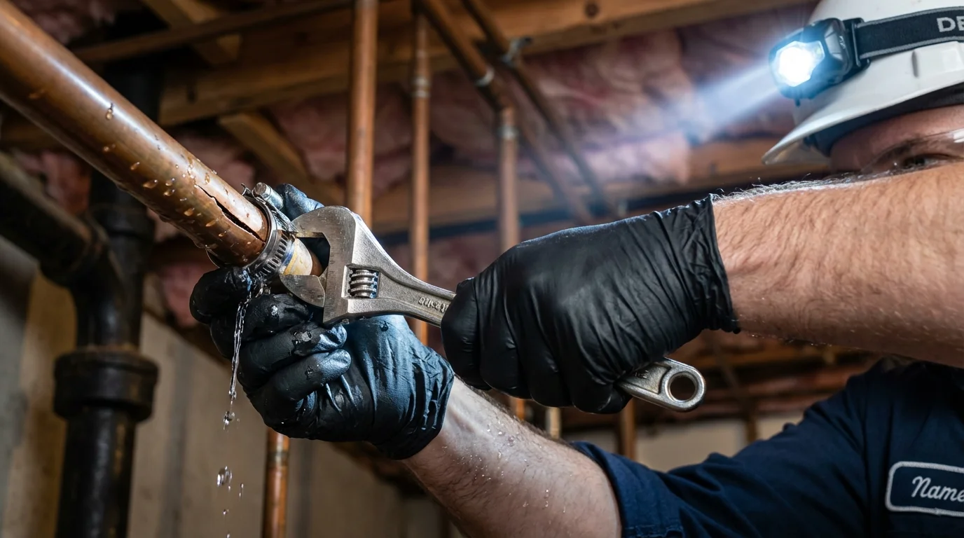 Emergency pipe clamp repair being performed by a Johns Plumbing LLC plumber in Morgan City