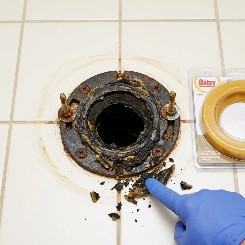 Failed wax ring showing water seepage at the base of a toilet in a Morgan City, LA home