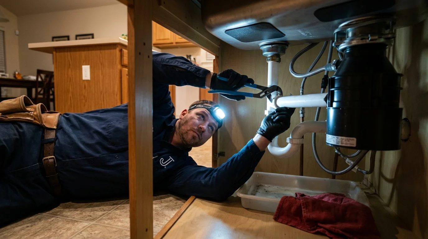 P-trap and supply line connections under a kitchen sink showing a common leak point in Morgan City, LA